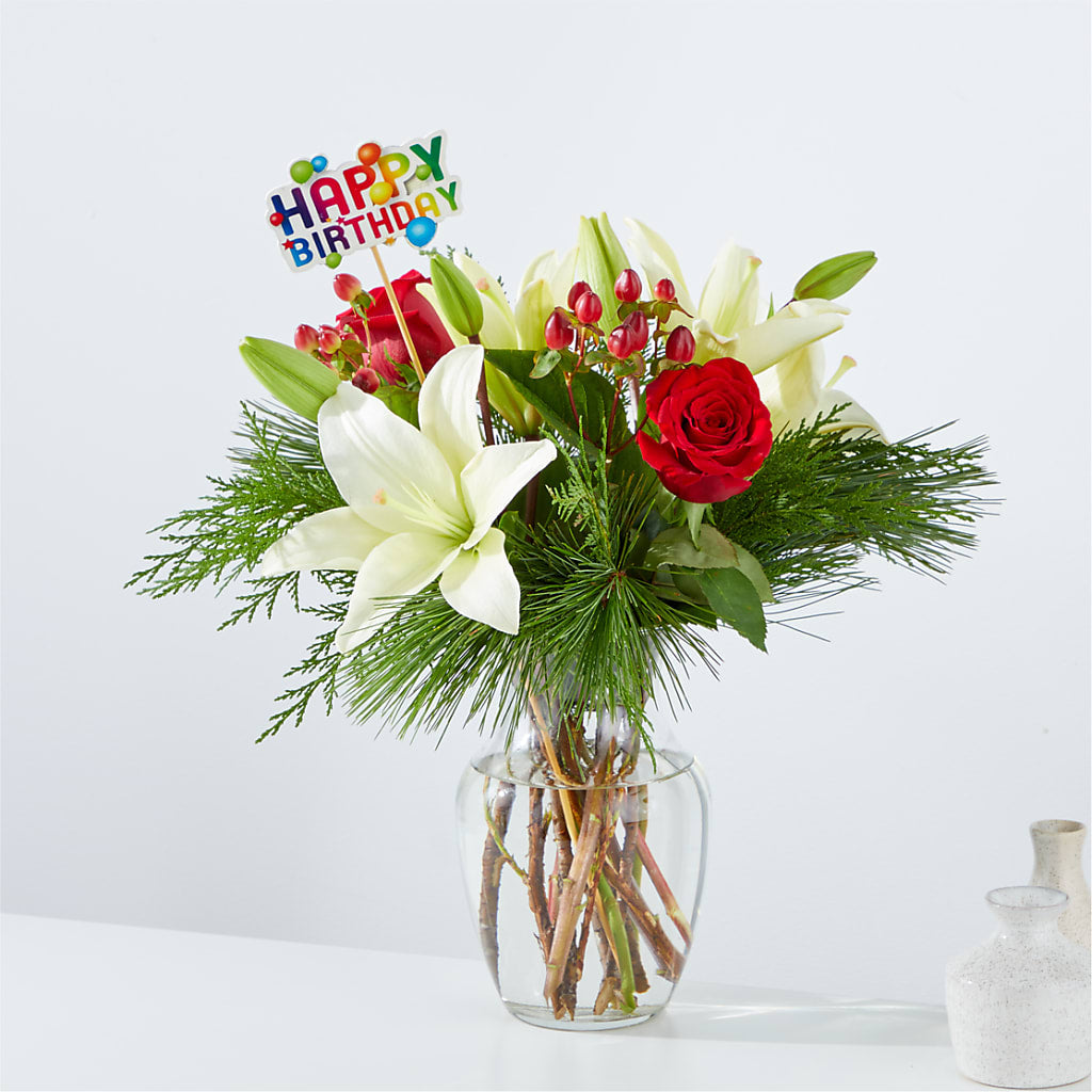 Evergreen Delight Bouquet & Happy Birthday Topper – Safeway, Pleasanton CA
