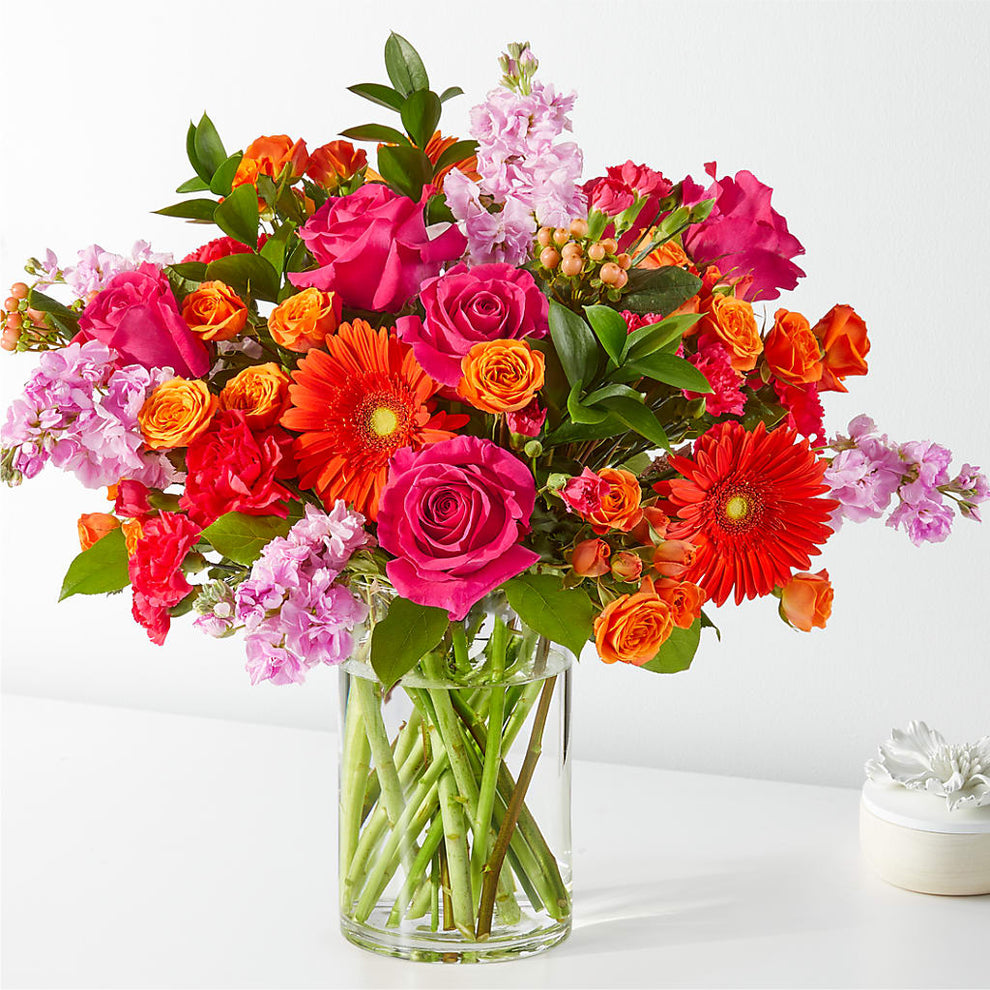 Fiesta Bouquet – orange, peach, pink flower arrangement | Pleasanton ...
