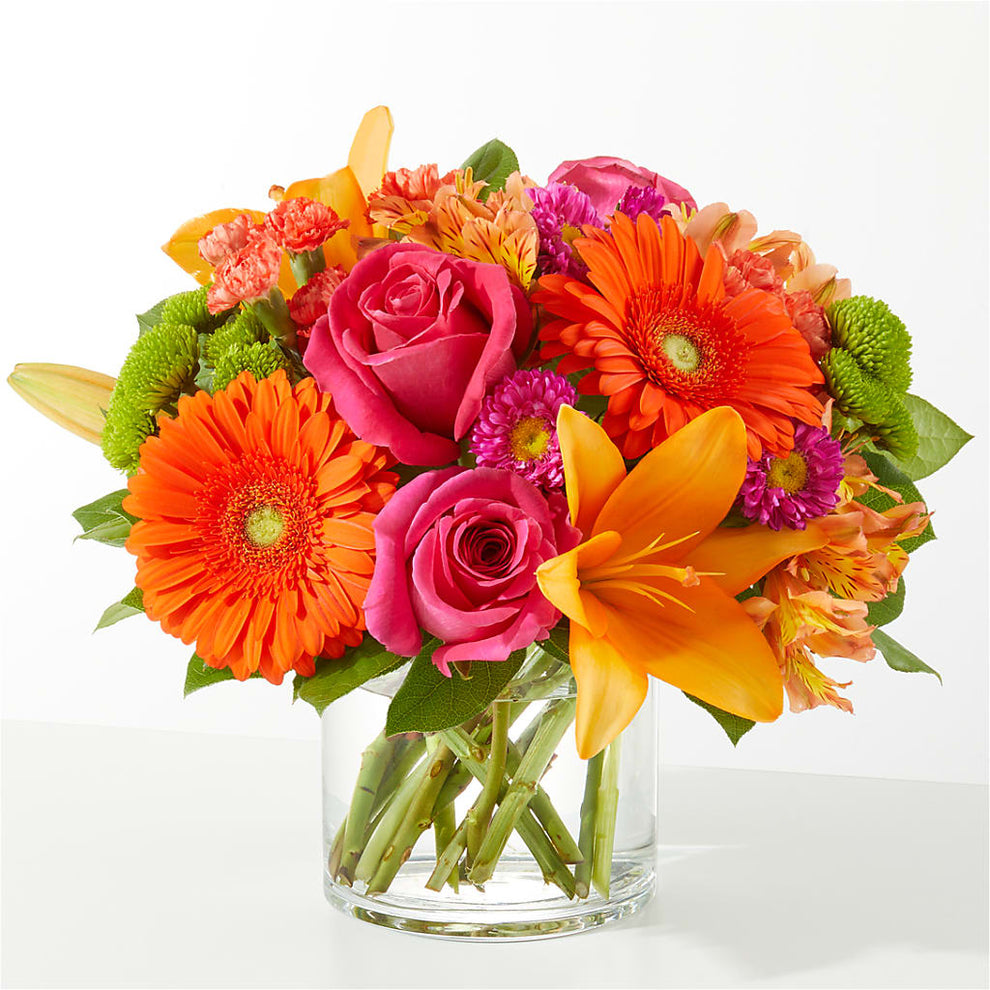 Soiree Bouquet – green, orange, peach, pink flower arrangement ...