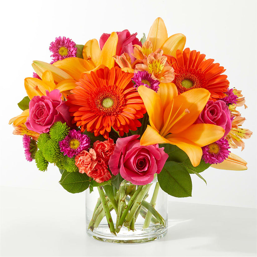 Soiree Bouquet – green, orange, peach, pink flower arrangement ...