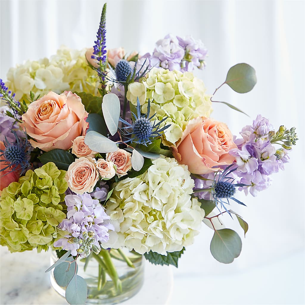 Porch Swing Bouquet – blue, green, lavender, peach, pink, white