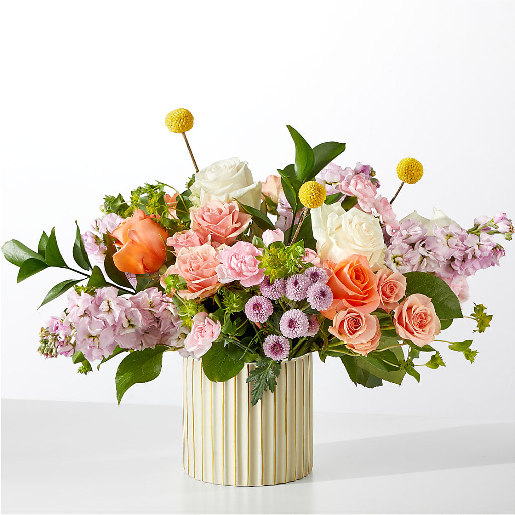 French Market Bouquet with Ivory Vase – lavender, orange, pink